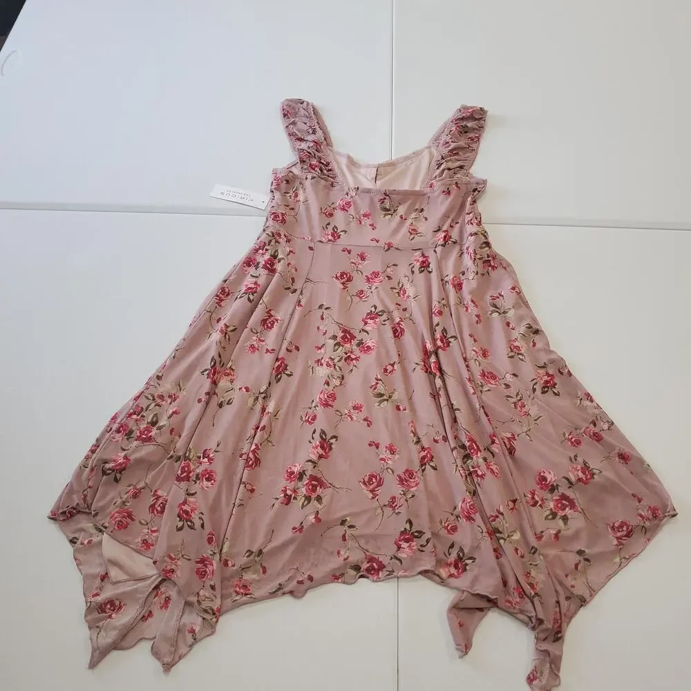 Y2K Fairy Grunge Whimsy Dress Women Large Pink Floral Handkerchief Hem Lace Boho - Picture 3 of 9